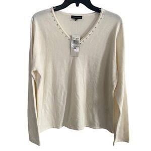 Carolyn Taylor Women XL Cream Beaded V Neck Sweater Classic Glam Clean Girl